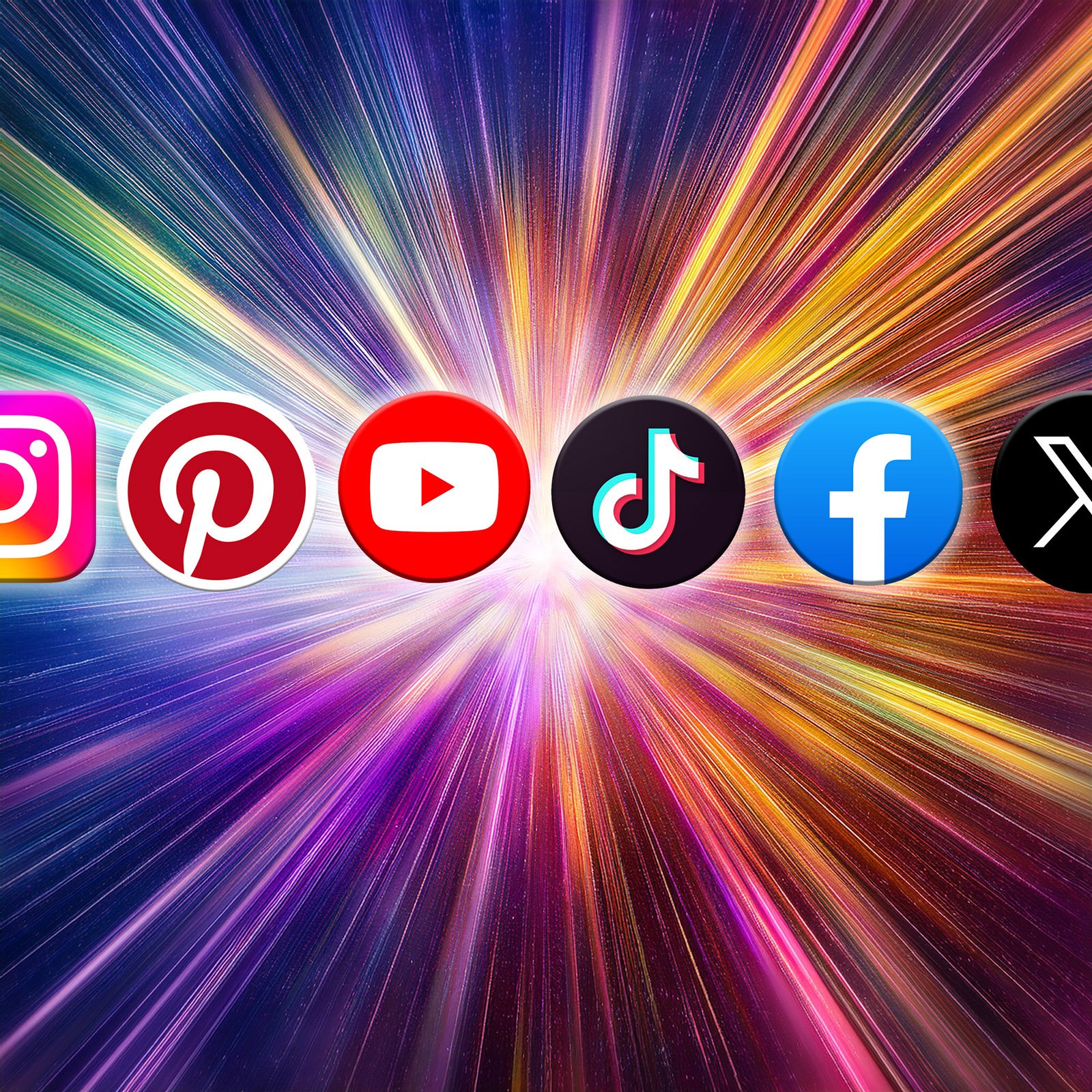 A burst of multicoloured light rays converging to a single point at the centre of the image. In the foreground, going across the screen, a row of social media logos.