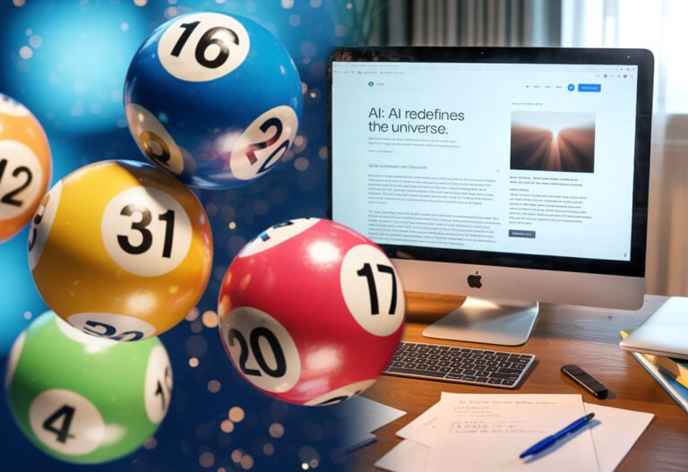 A photo combination with on the left some lotto balls, and on the right a computer screen featuring a blog.