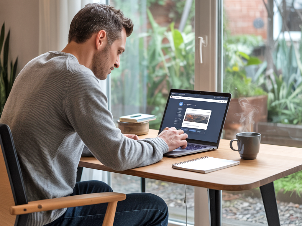 A man working from home at a wooden desk, focused on his laptop. A notebook, smartphone, and steaming mug sit nearby, with large windows opening onto a lush garden in the background.