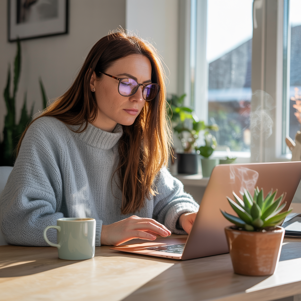 Photography of a woman working on a laptop from home, a smoking mug of coffee next to her.