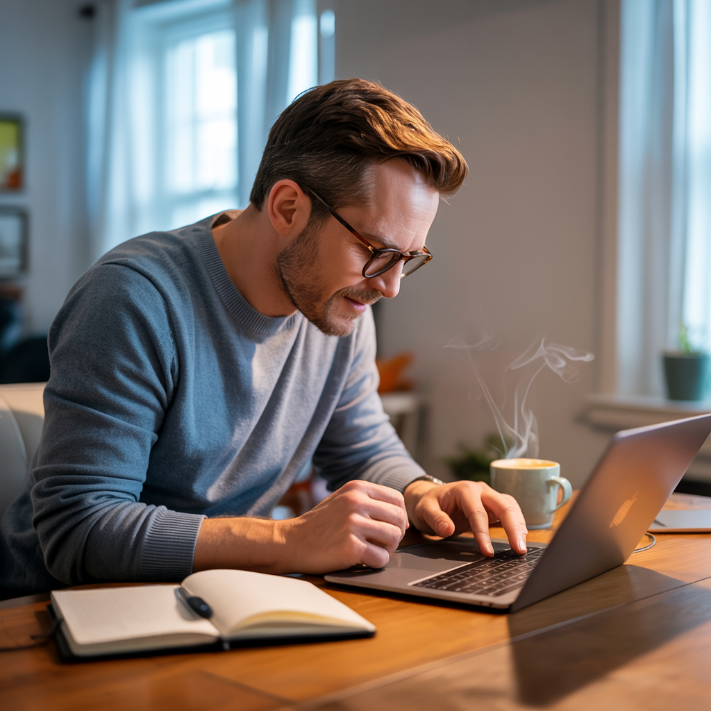 A man sitting at his desk at home, working on a laptop with a notebook open next to him.