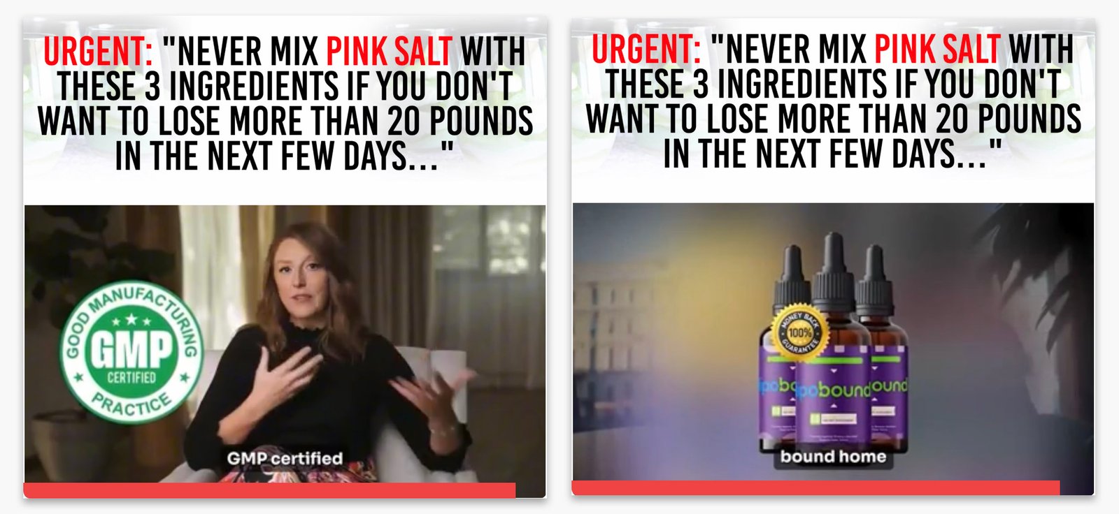 Two screenshots of a scam advert featuring people endorsements and product sold at the end.