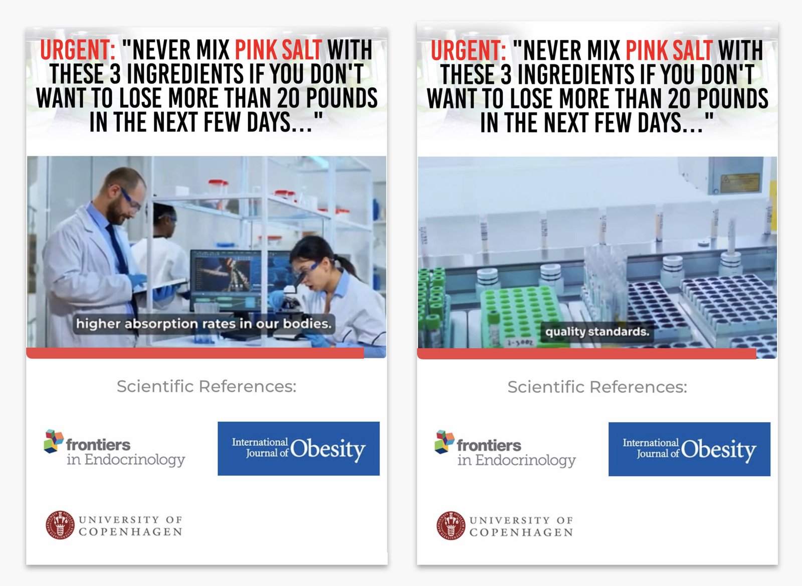 Two screenshots of a scam advert featuring medical endorsements