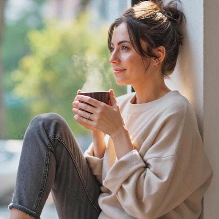 Une jeune femme assise sur le rebord de sa fenêtre dans le salon, tenant entre ses mains une tasse de café et regardant au loin, pensive.