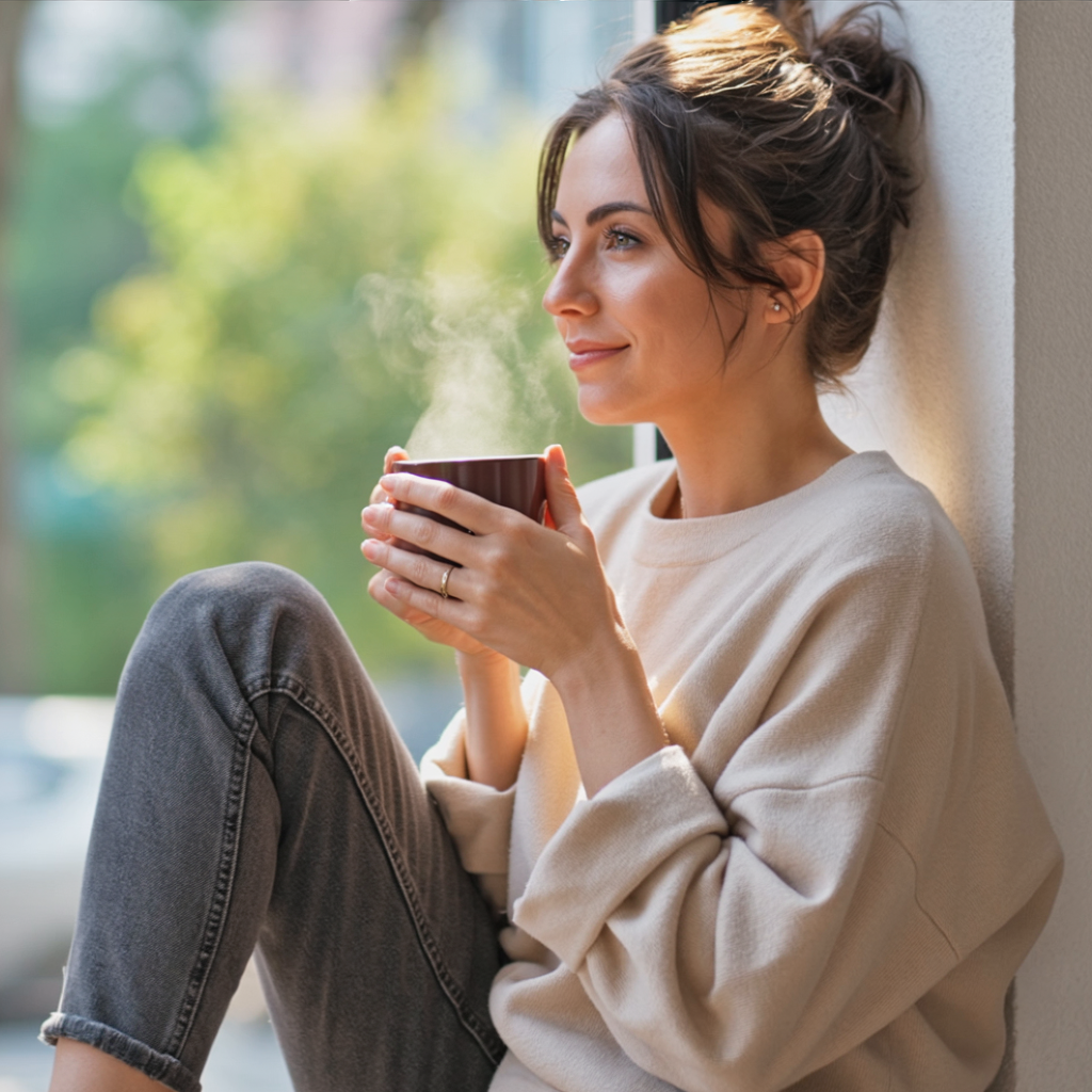 A woman casually sitting on a window's ledge, holding a coffee mug while considering things.