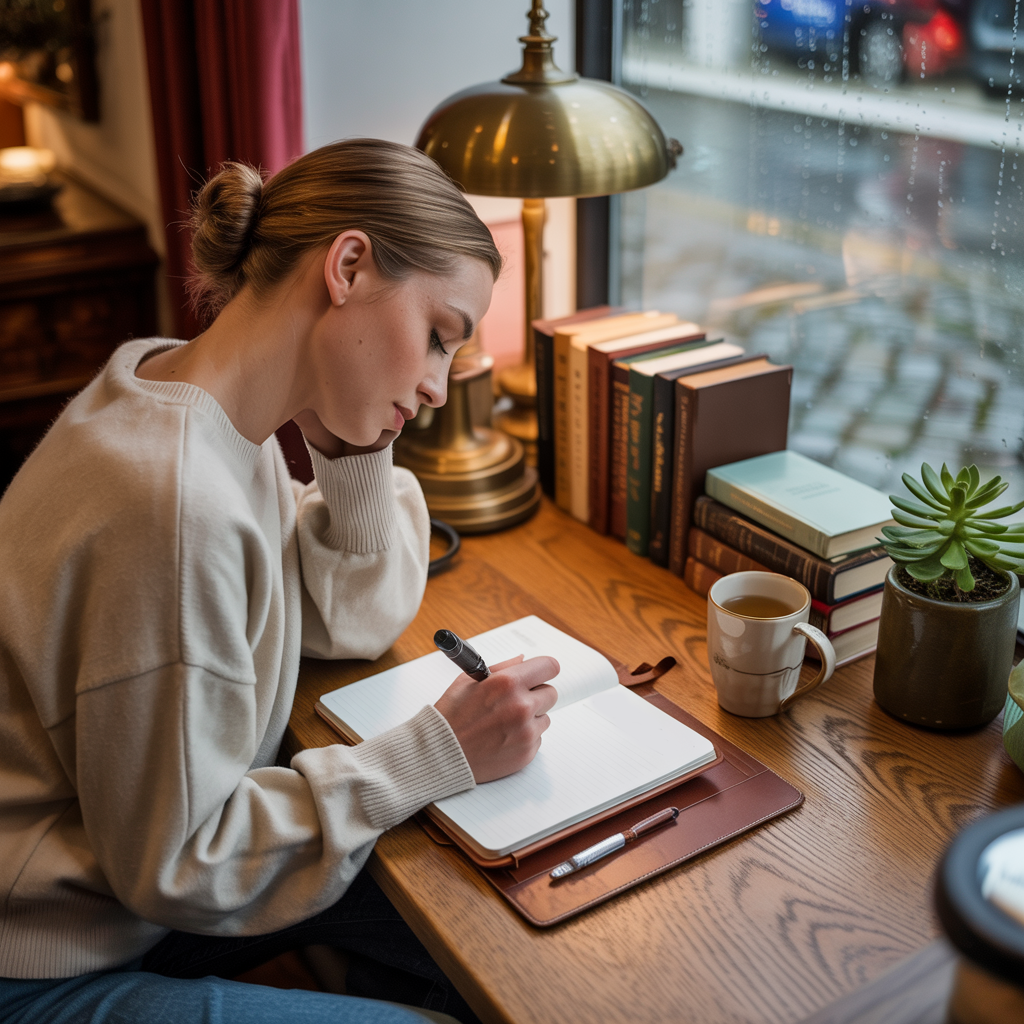 Photo of a woman working at her home study sitting at desk in front of the window on a rainy day, writing in her notebook.