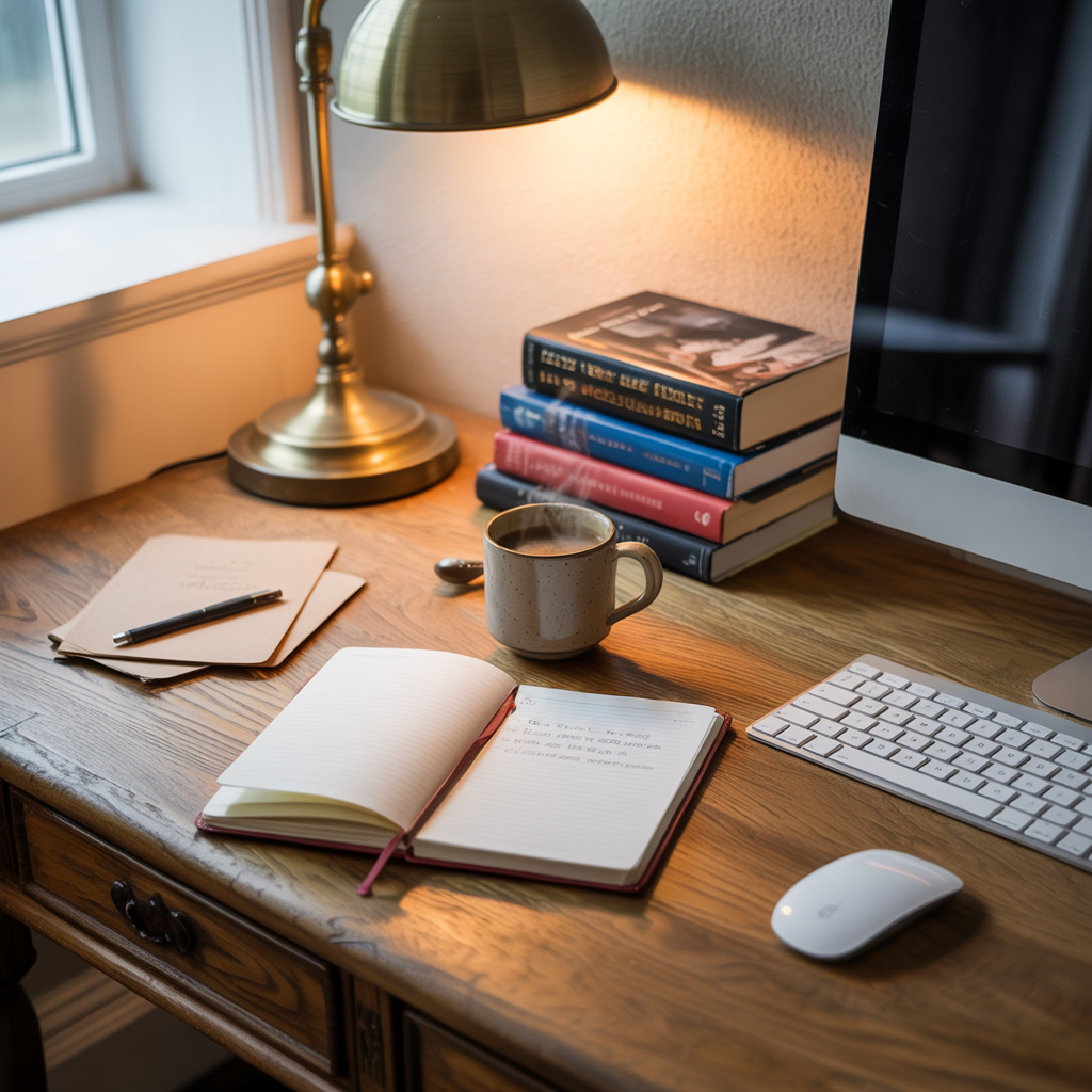A desk at home near the window. It's a rainy day so the lamp is on. On the desk, a desktop computer, some books, a coffee mug, and an open notebook.