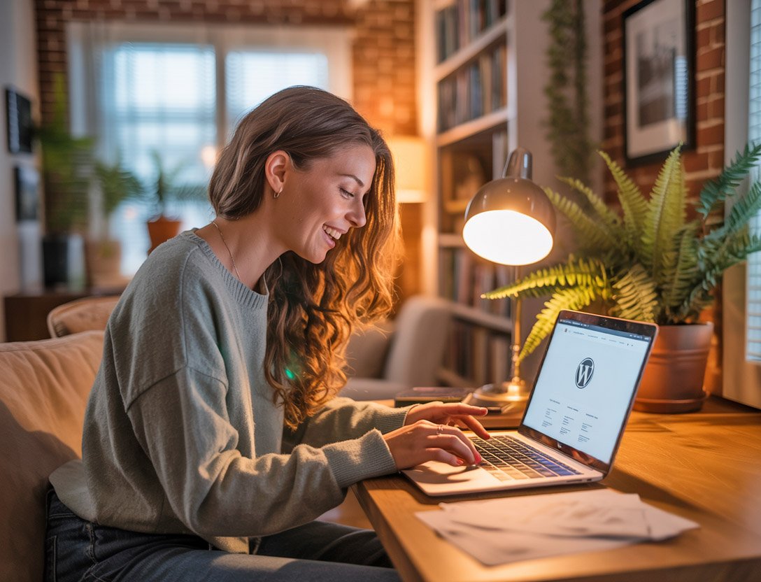 A young woman working from home on her laptop seemingly happy as she creates her first website in WordPress.