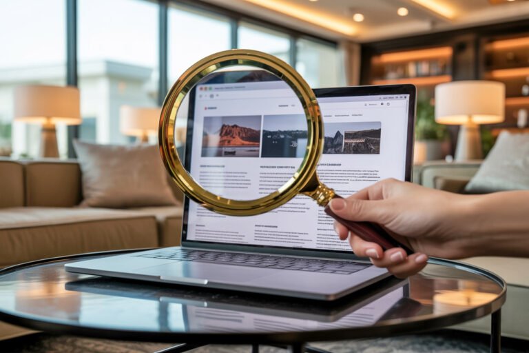 Photo of a magnifying glass being held in front of the screen of a laptop computer displaying a website blog. The laptop stands on a glass coffee table in a modern lounge.
