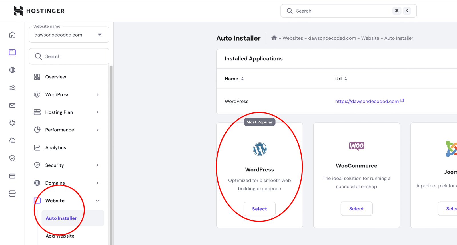 Screenshot of Hostinger's hPanel WordPress Install feature.