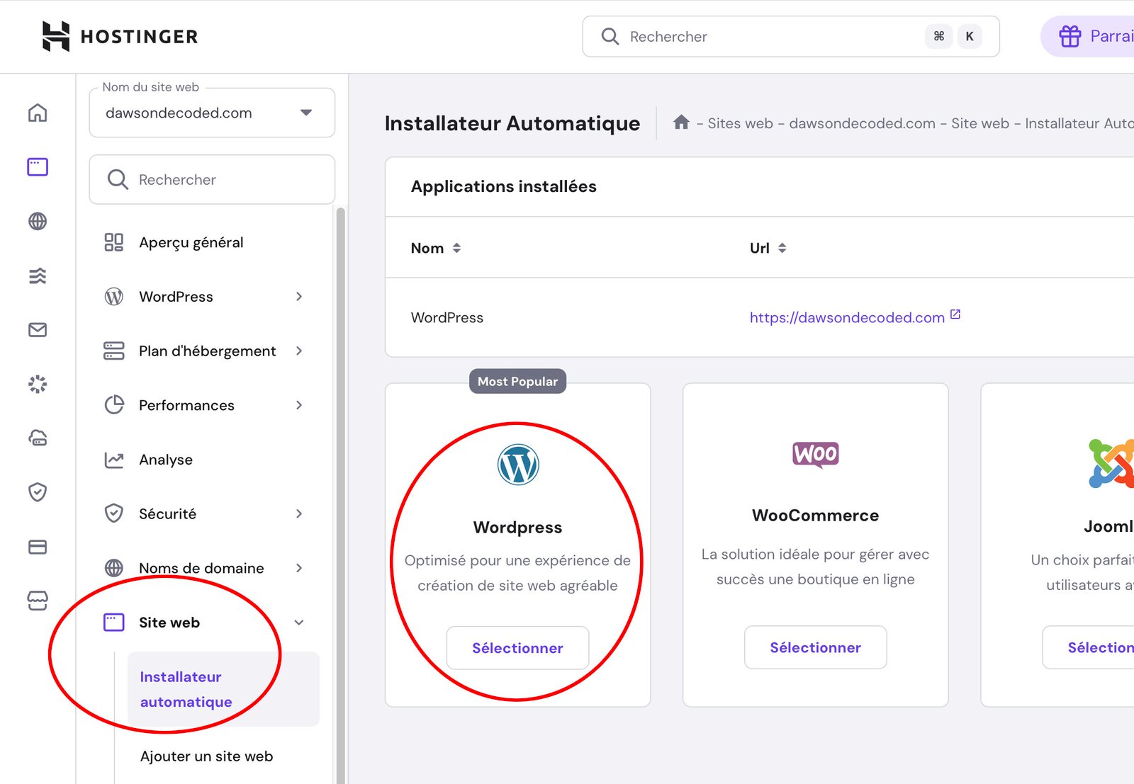 Copie écran de l'option d'installation de WordPress dans le tableau de bord d'Hostinger.