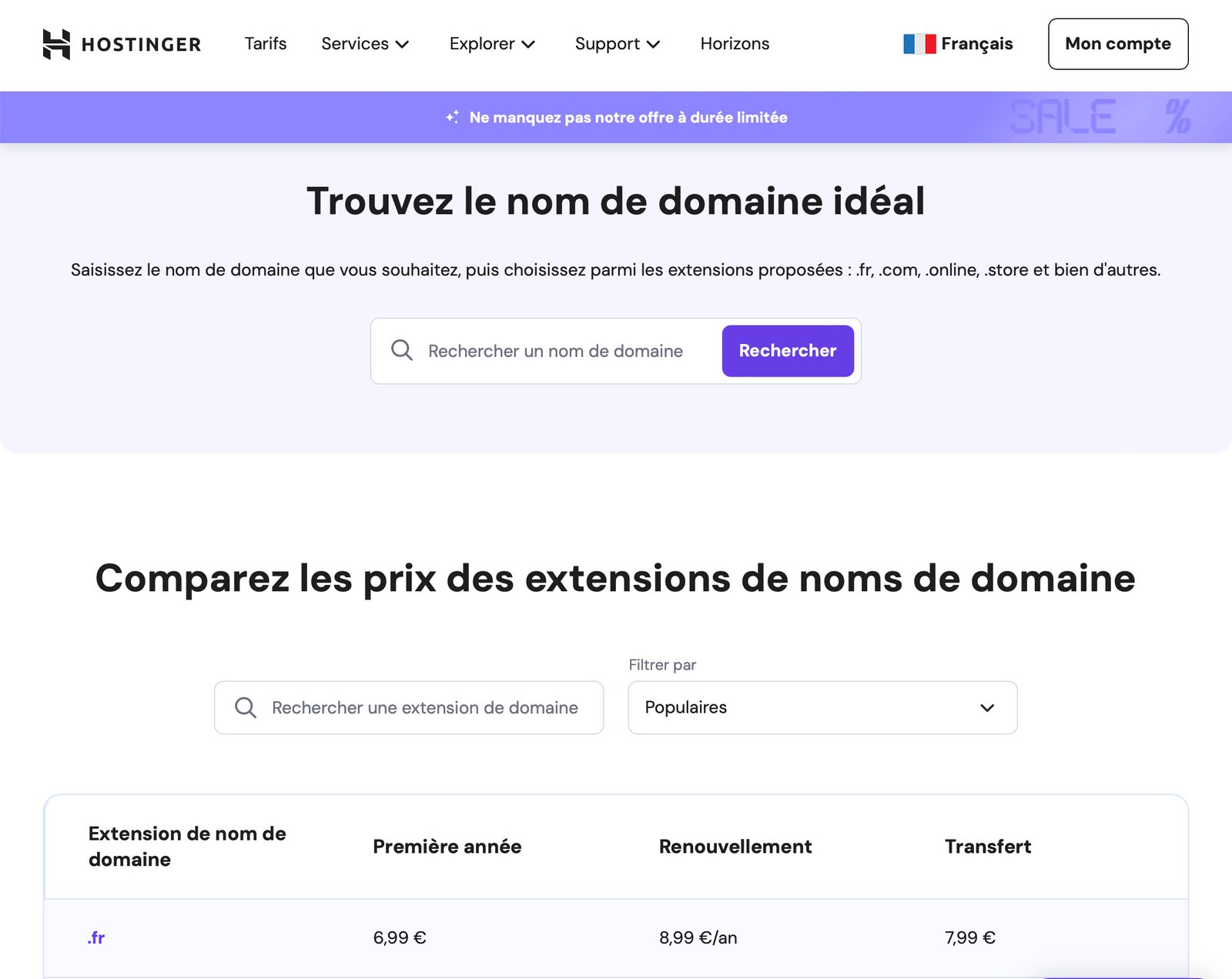 Copie écran de la recherche de noms de domaine d'Hostinger.