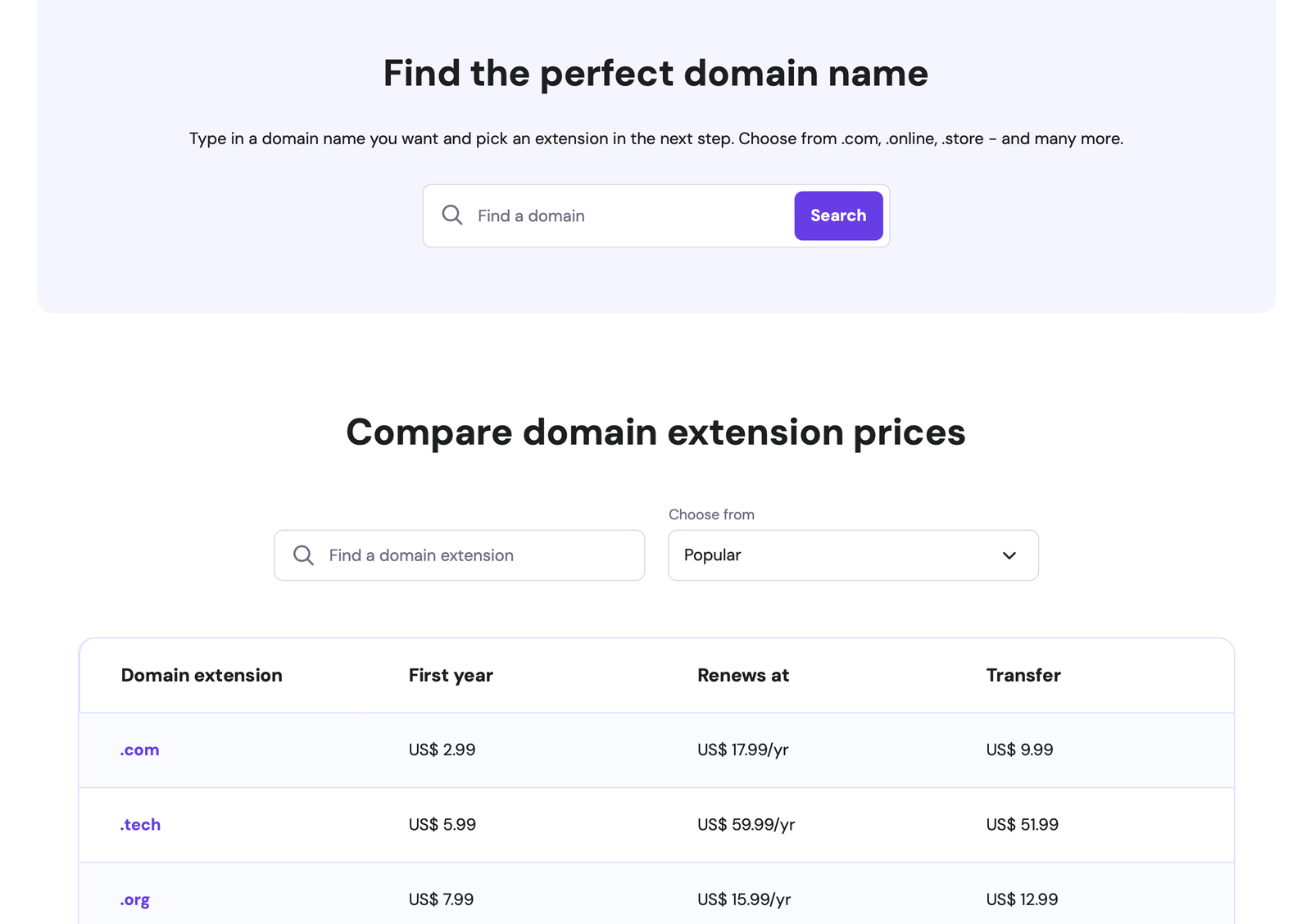 Screenshot of Hostinger's Domain Name Finder screen.