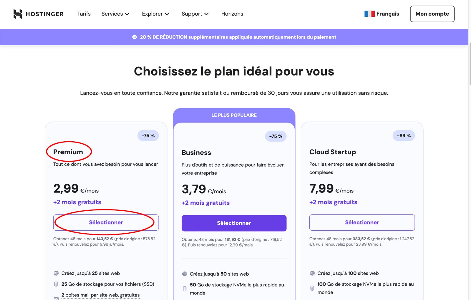 Copie écran des plans prix d'Hostinger