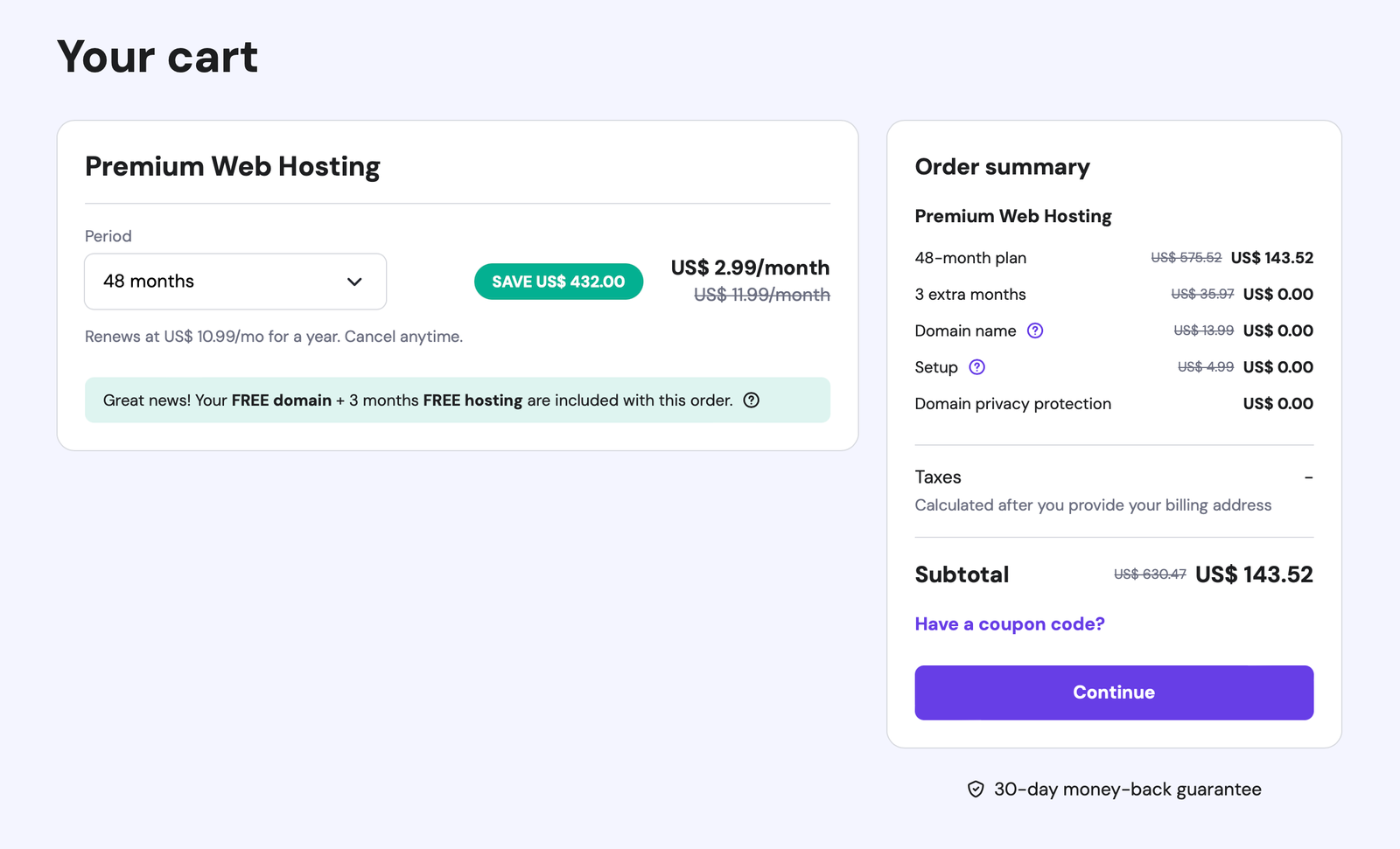 Screenshot of Hostinger's Premium Plan purchase window
