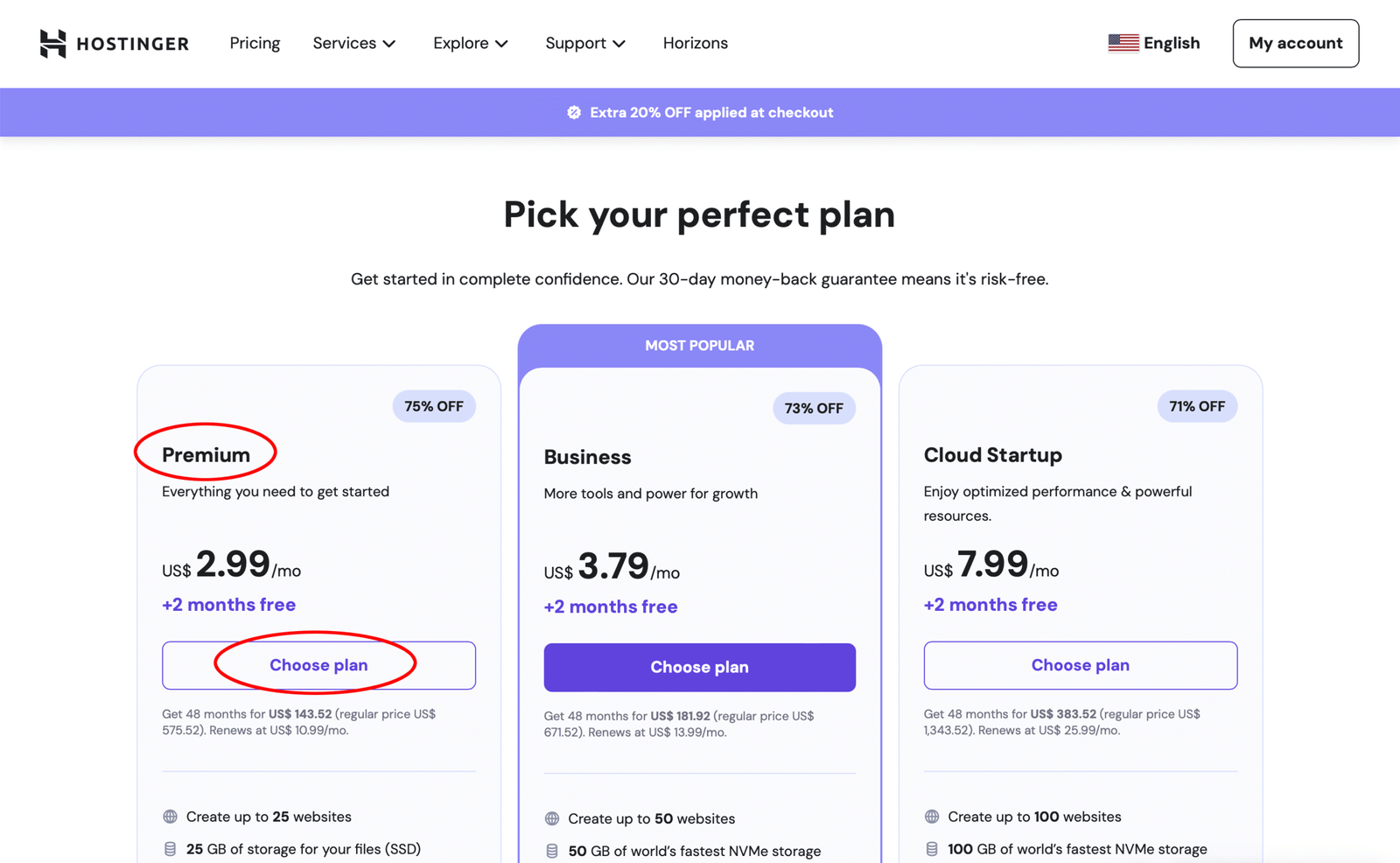 Screenshot of Hostinger's pricing plans.