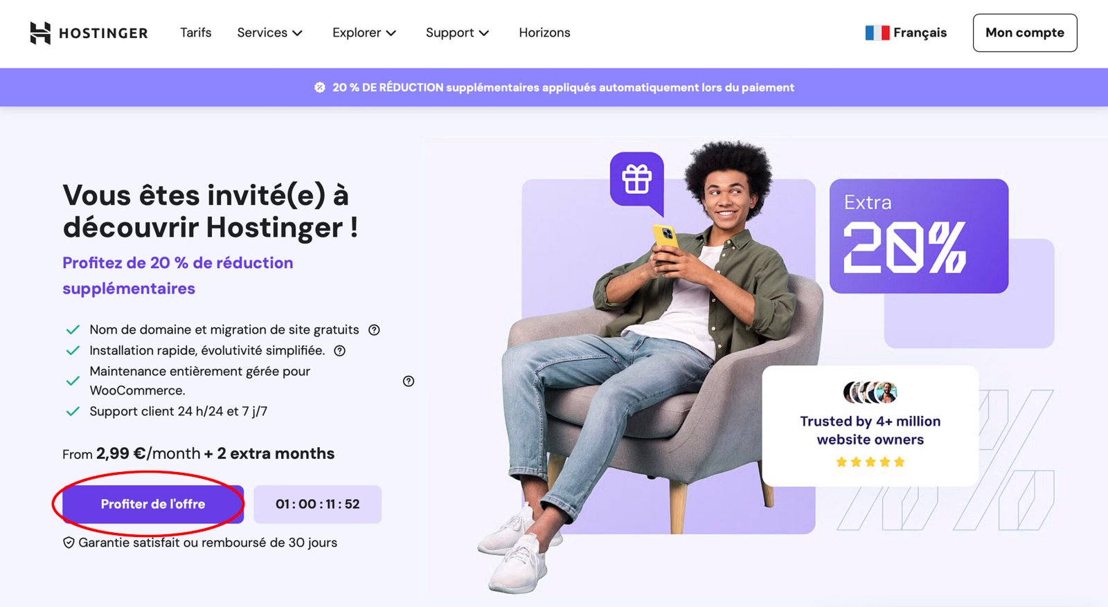 Copie écran de l'offre promotionelle de Hostinger.