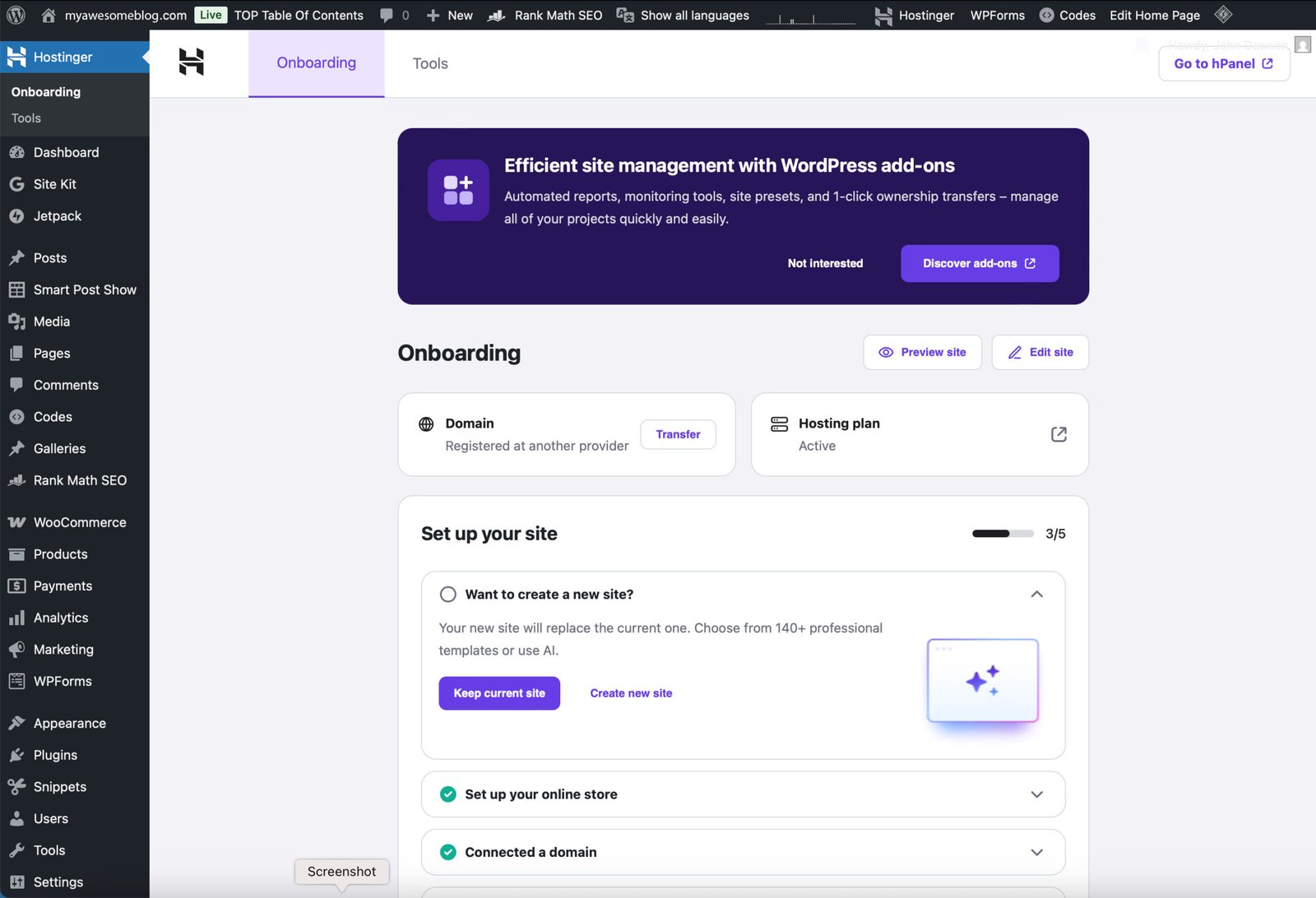 Screenshot of Hostinger's WordPress Admin Dashboard.