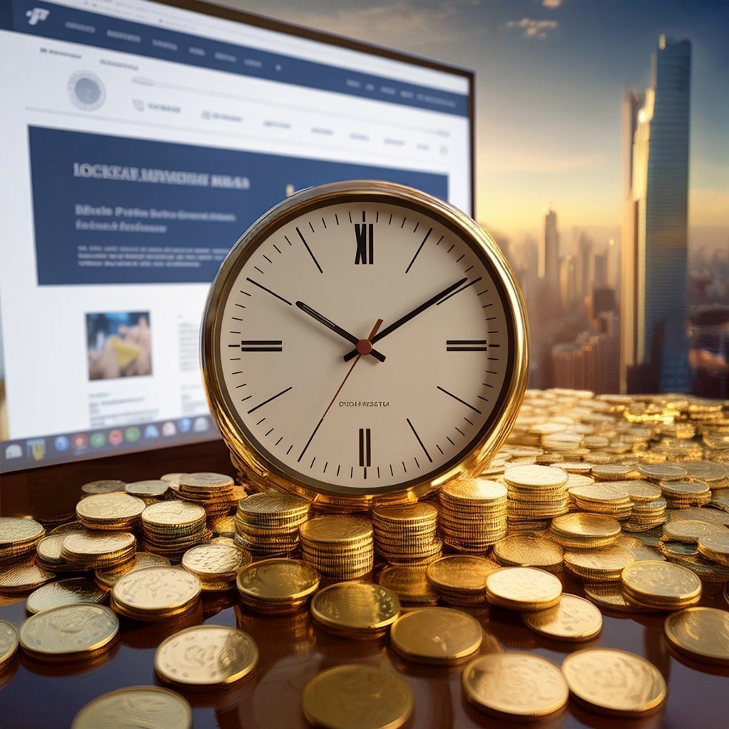 A clock sitting on a pile of gold coins. In the background, we can see the sun rising on the business district of a cosmopolitan cityscape. Just behind the clock, a desktop computer displaying a website and a coffee mug.