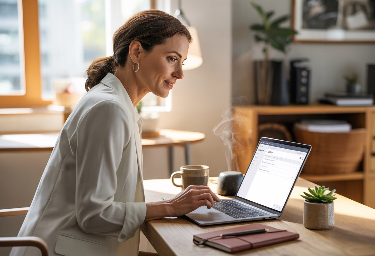 A woman sitting at her desk at home, working on her laptop while looking in the distance, as if considering something.