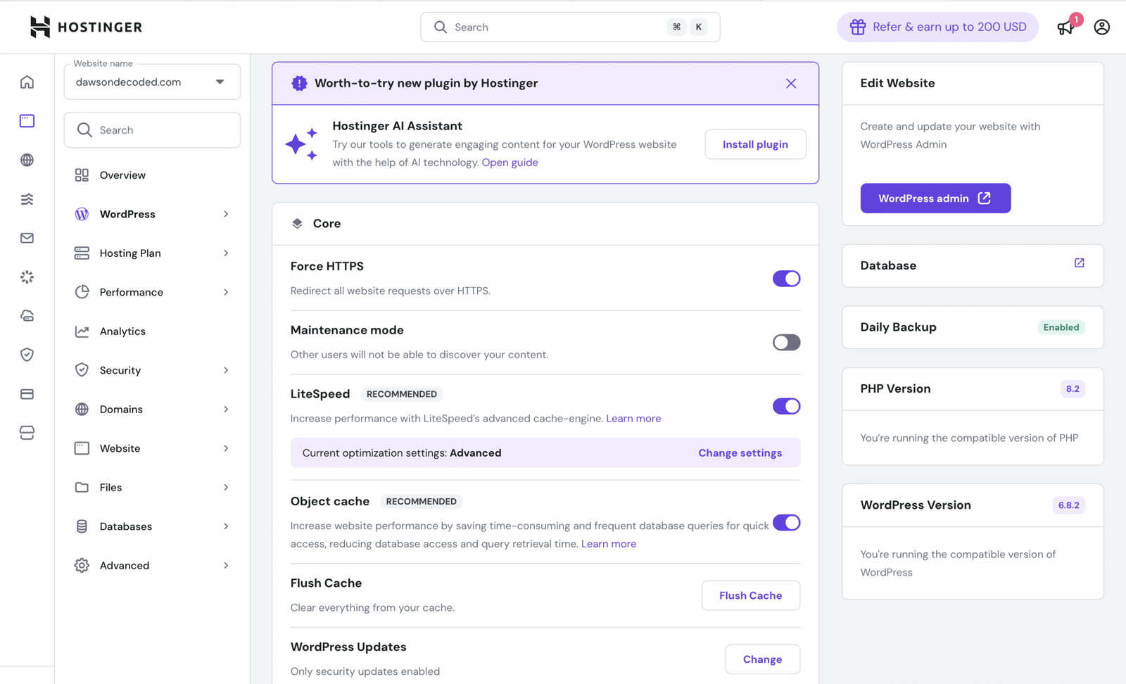 Screenshot of Hostinger's hPanel.