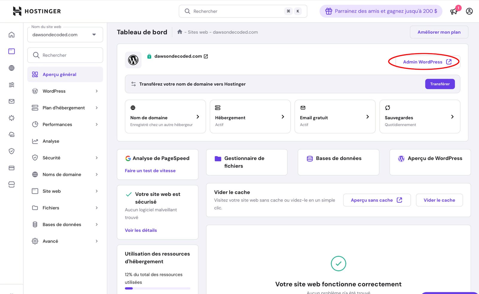 Copie écran du  tableau de bord d'Hostinger.