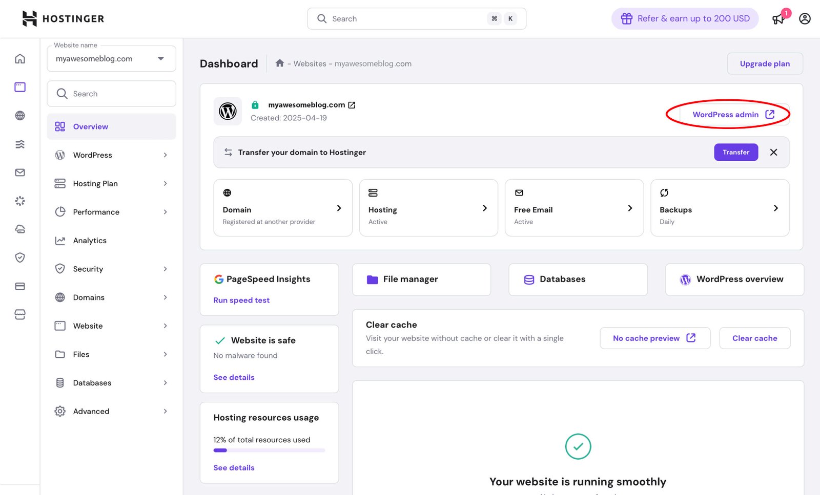 Screenshot of Hostinger's hPanel.