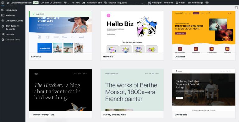 Screenshot of the WordPress dashboard displaying the available themes and templates.