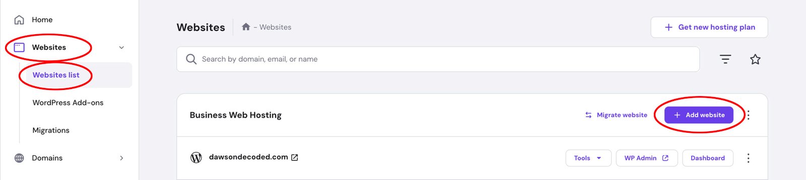 Screenshot of the Hostinger hPanel with the Add websites menus highlighted.