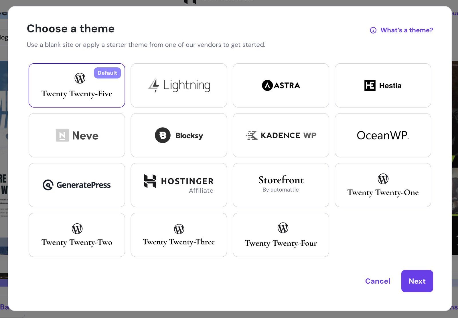 Screenshot of one of the Hostinger dialog windows in the process of creating a website: "Choose a Theme".