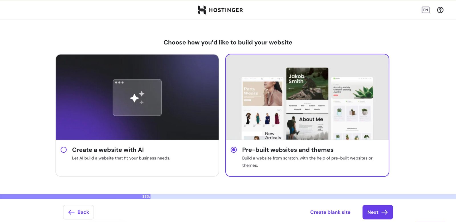 Screenshot of one of the Hostinger dialog windows in the process of creating a website