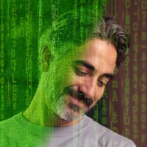 A matrixed version of John Dawson, with letters and numbers crossing the screen, but where we see a part of his face emerging from the matrix.