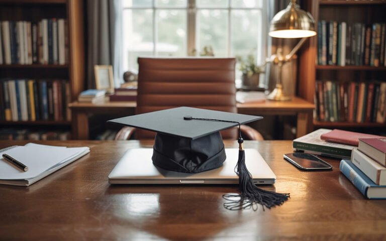 Photo of a home office study. Focus on the image, a graduation hat is placed on top of a desk.