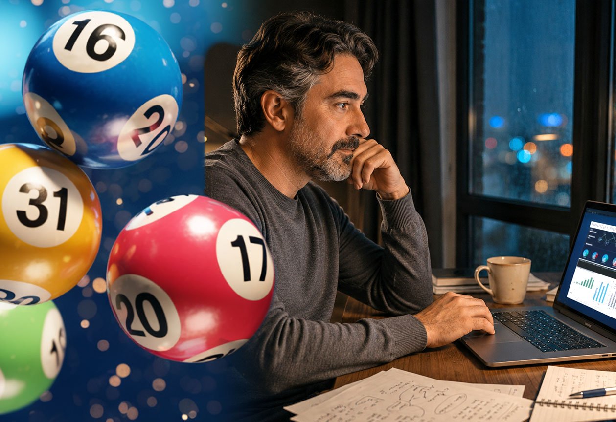 Photographic montage showing lotto balls on one side, and a content creator working late on his laptop on the other.