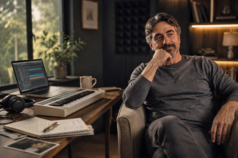 Composer in a home studio with a laptop, MIDI keyboard and notebook used to compose ambient music.