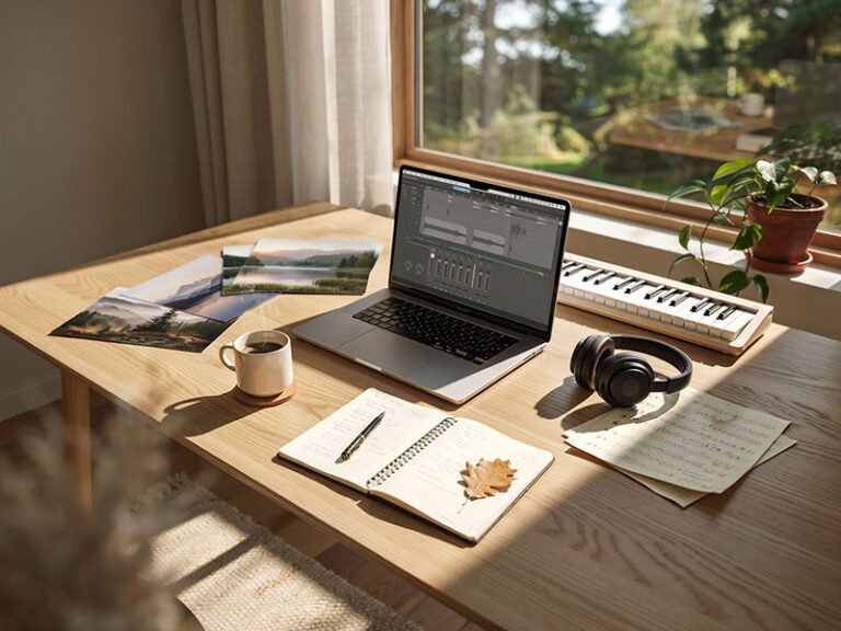 Modern music composition workspace with a laptop, MIDI keyboard, handwritten notes and landscape photographs, illustrating the creative process behind ambient music.